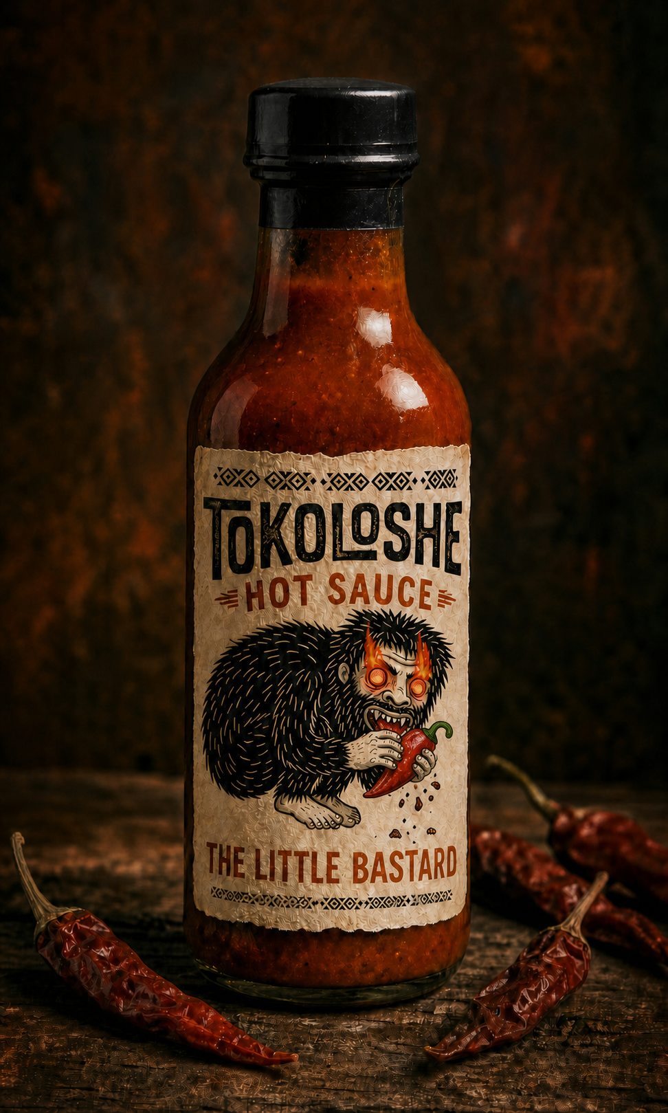 A full bottle of Tokoloshe The Little Bastard hot sauce with a flaming-eyed Tokoloshe holding a naturally shaped red chilli on the label
