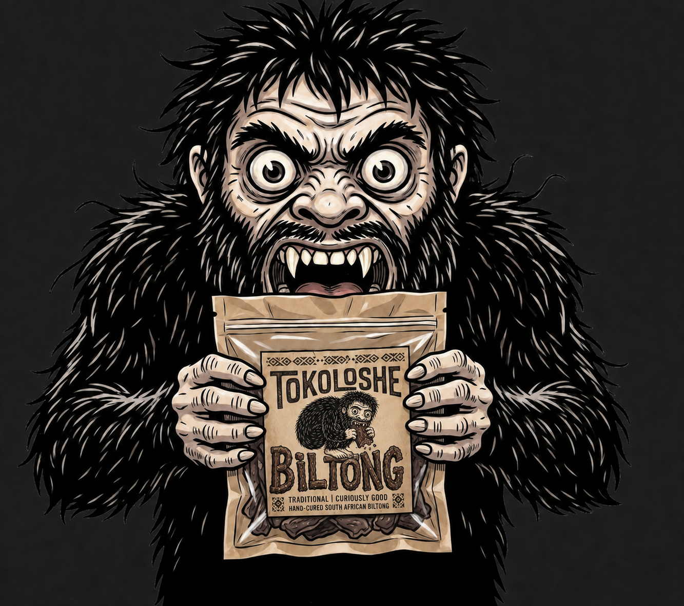The Tokoloshe holding a branded biltong packet with branch-built wooden BILTONG lettering