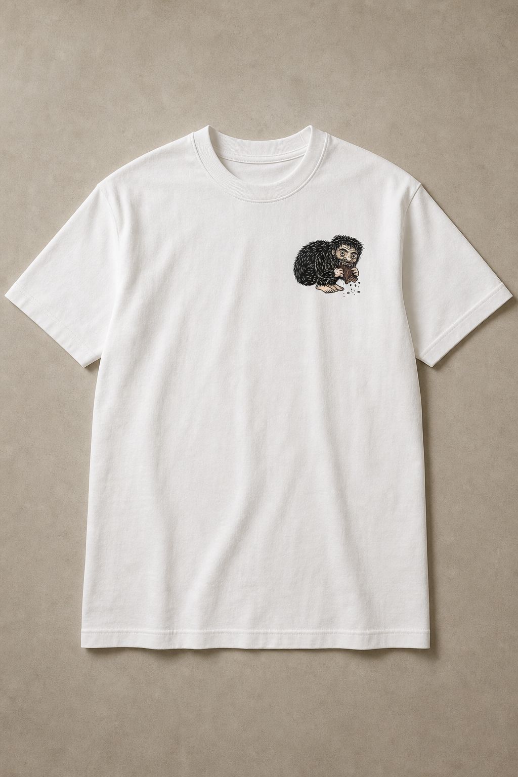 Premium white Tokoloshe T-shirt with a small creature eating biltong on the chest