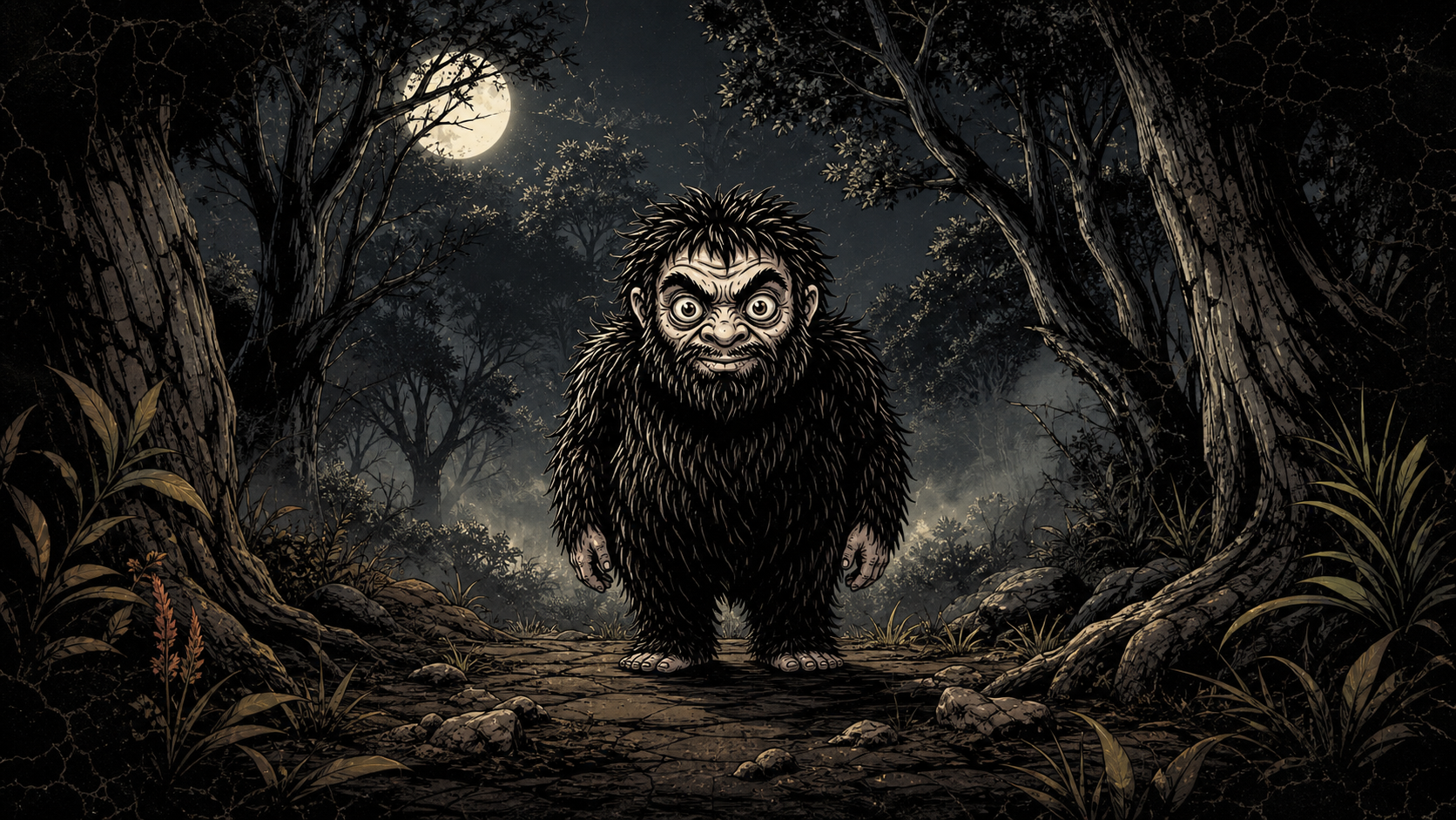 The Tokoloshe standing in a moonlit woodland and giving a small approving nod